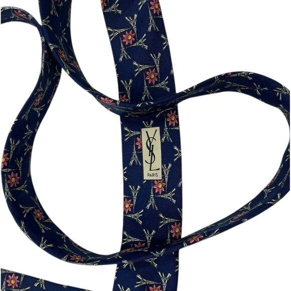 YVES SAINT LAURENT Men's Silk Necktie LUXURY Blue Eiffel Tower Floral W:3.7" EUC - Picture 4 of 5